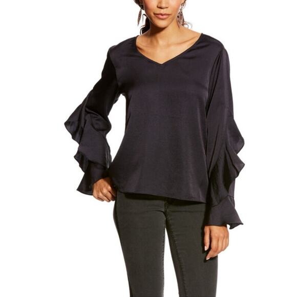 Ariat Hatch Blouse Large Navy Crinkled Satin Ruffled Bell Sleeves Western Rodeo - Picture 1 of 7